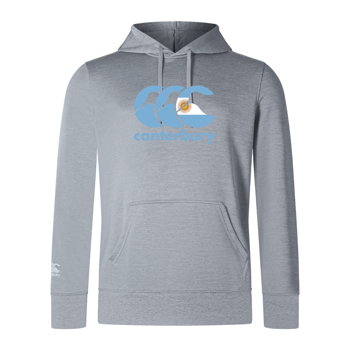 Discover the Canterbury Argentina CCC Club Lightweight Hoodie by WRS Canterbury, featuring a front pocket and logo with three overlapping C's and sun emblem—ideal for CCC Club Hoodie fans.
