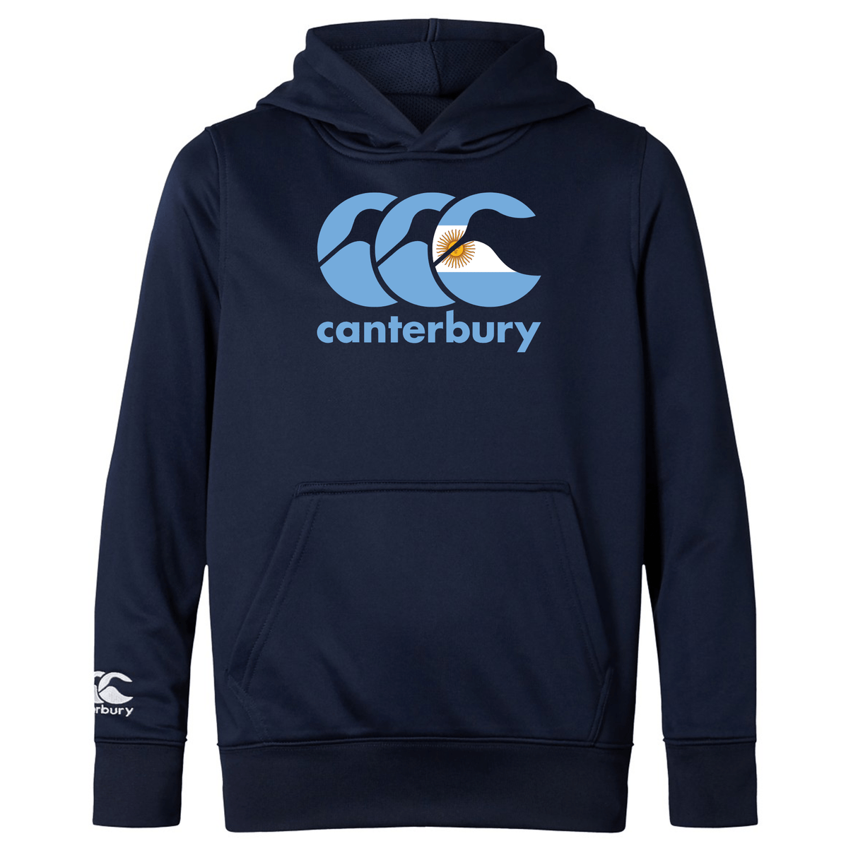 The Canterbury Argentina CCC Club Lightweight Hoodie by WRS Canterbury is a lightweight navy blue hoodie featuring a bold "Canterbury" logo with three interlocking C's and a sun design on the chest, plus an additional logo on the left sleeve.