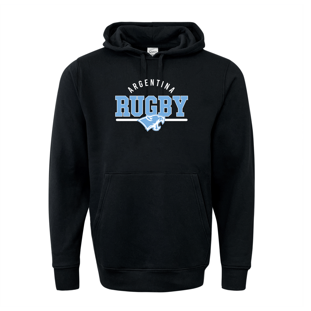 The WRS Augusta Nations of Rugby Argentina Wordmark 60/40 Pullover Hoodie is a black rugby hoodie showcasing an Argentina wordmark in white, "RUGBY" in light blue, and a stylized puma logo in white and light blue on the front.