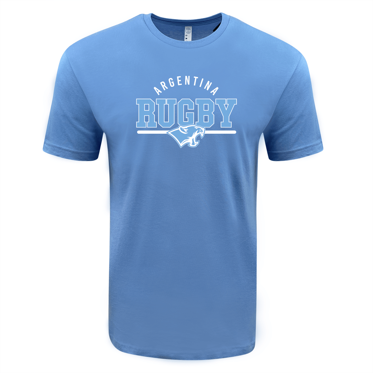 The Nations of Rugby Argentina Wordmark Supersoft Tee by WRS LAT is a unisex light-blue shirt that showcases the text "Argentina Rugby" along with a puma logo, offering exceptional comfort.