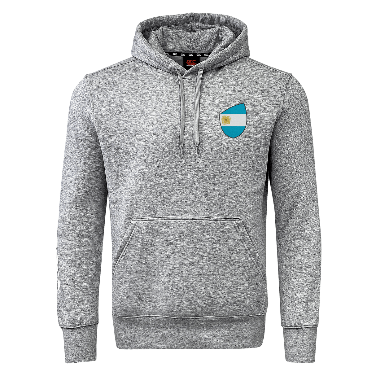 The EMB Canterbury Argentina Shield Club Hoodie in gray features a drawstring and kangaroo pocket, and displays the Argentine flag colors in a shield patch on the chest, ideal for rugby fans.
