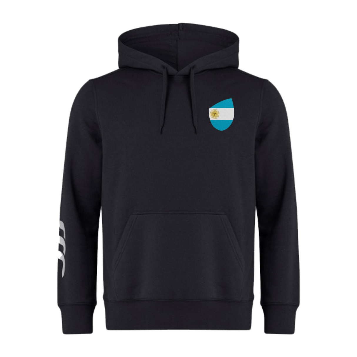 The EMB Canterbury Argentina Shield Club Hoodie features cozy sweatshirt fleece, a small Argentine flag on the left chest, and a white stripe on the right sleeve, making it ideal for Rugby fans to proudly display their style.