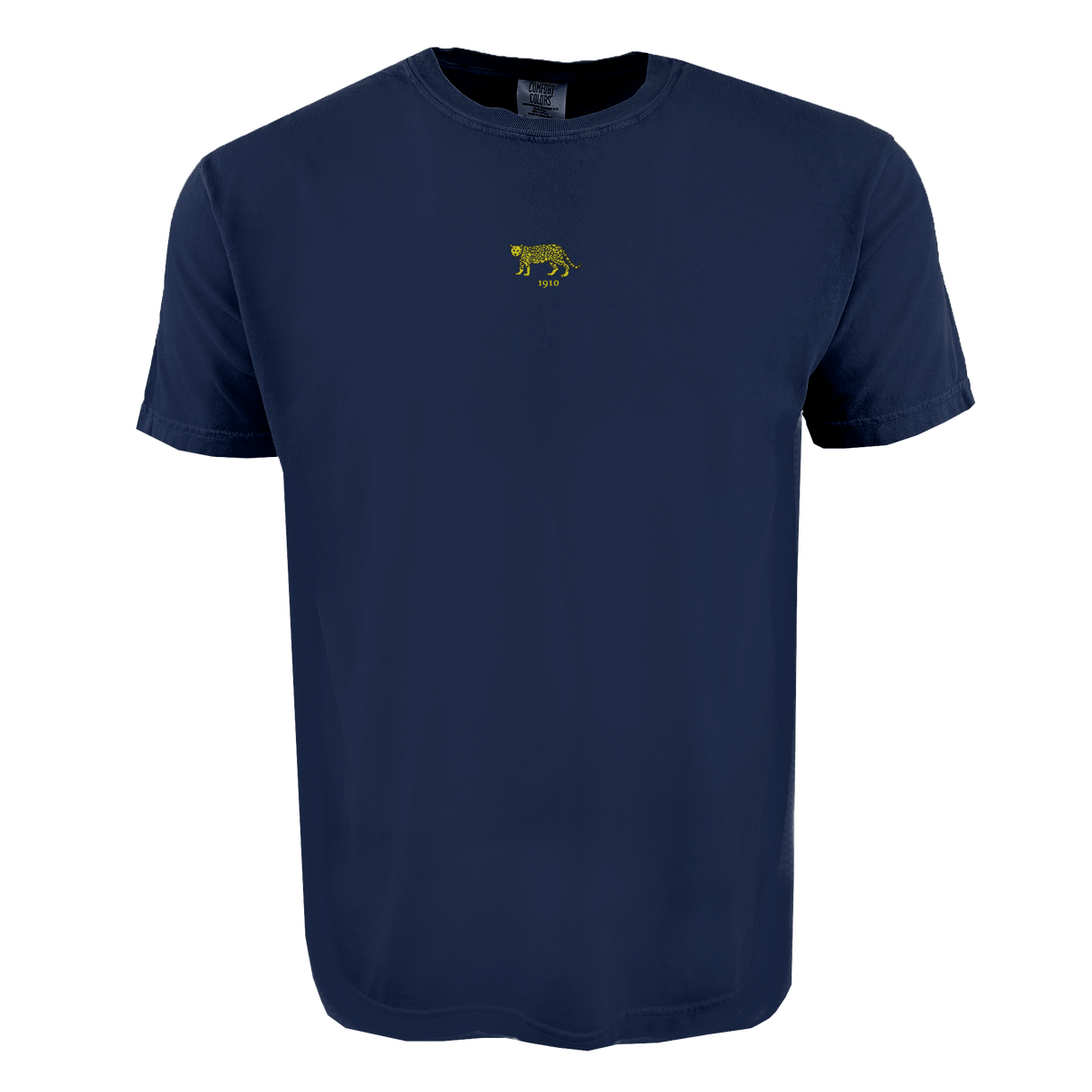 The EMB S&S Activewear Argentina Vintage Comfort Tee features a navy blue design with a small yellow-green tiger graphic on the chest—ideal for rugby fans seeking both comfort and classic style.