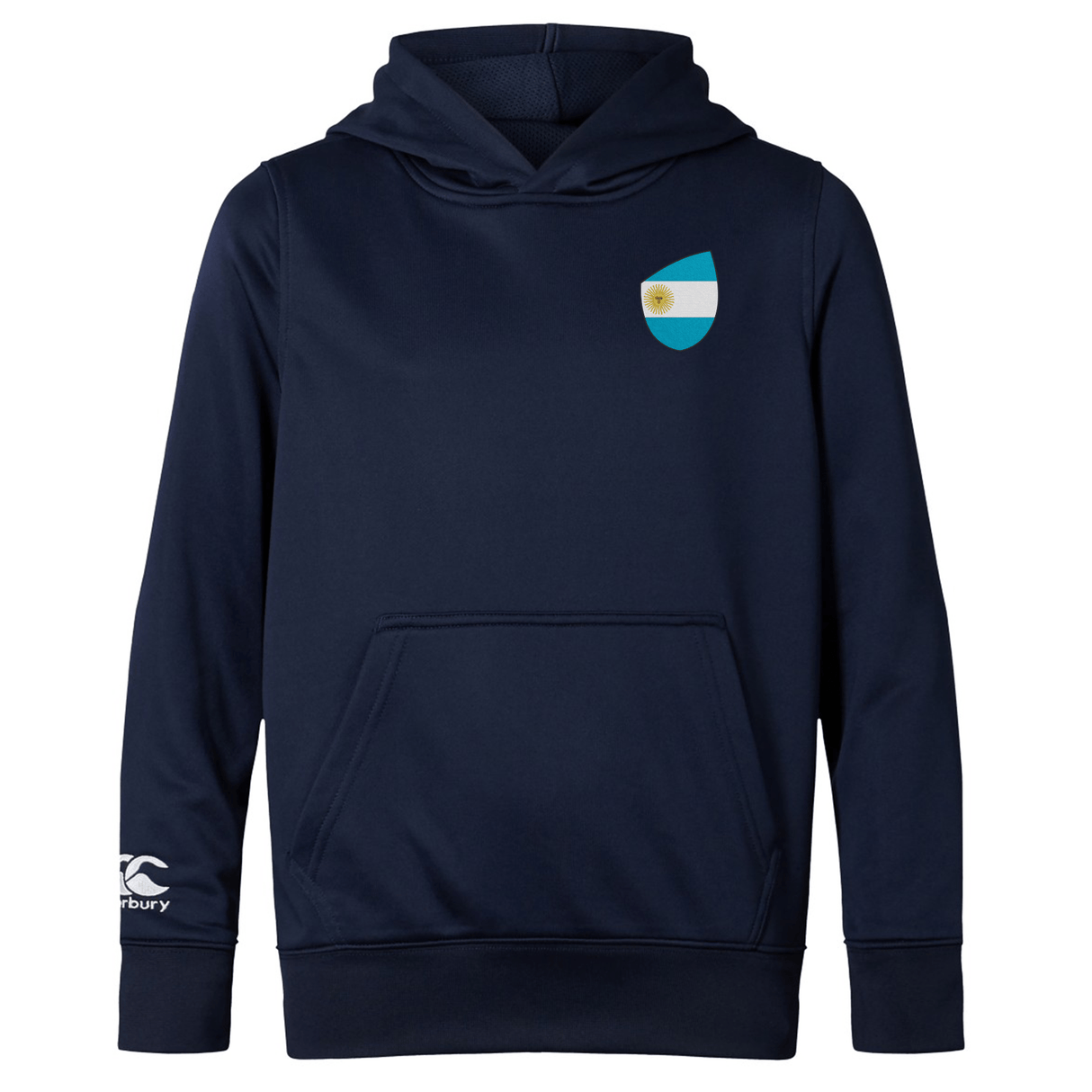 Show your rugby spirit with the navy blue Argentina Shield Club Lightweight Hoodie by EMB Canterbury. It features a front pocket, an embroidered shield with a blue and white flag, and a white logo on the left sleeve.