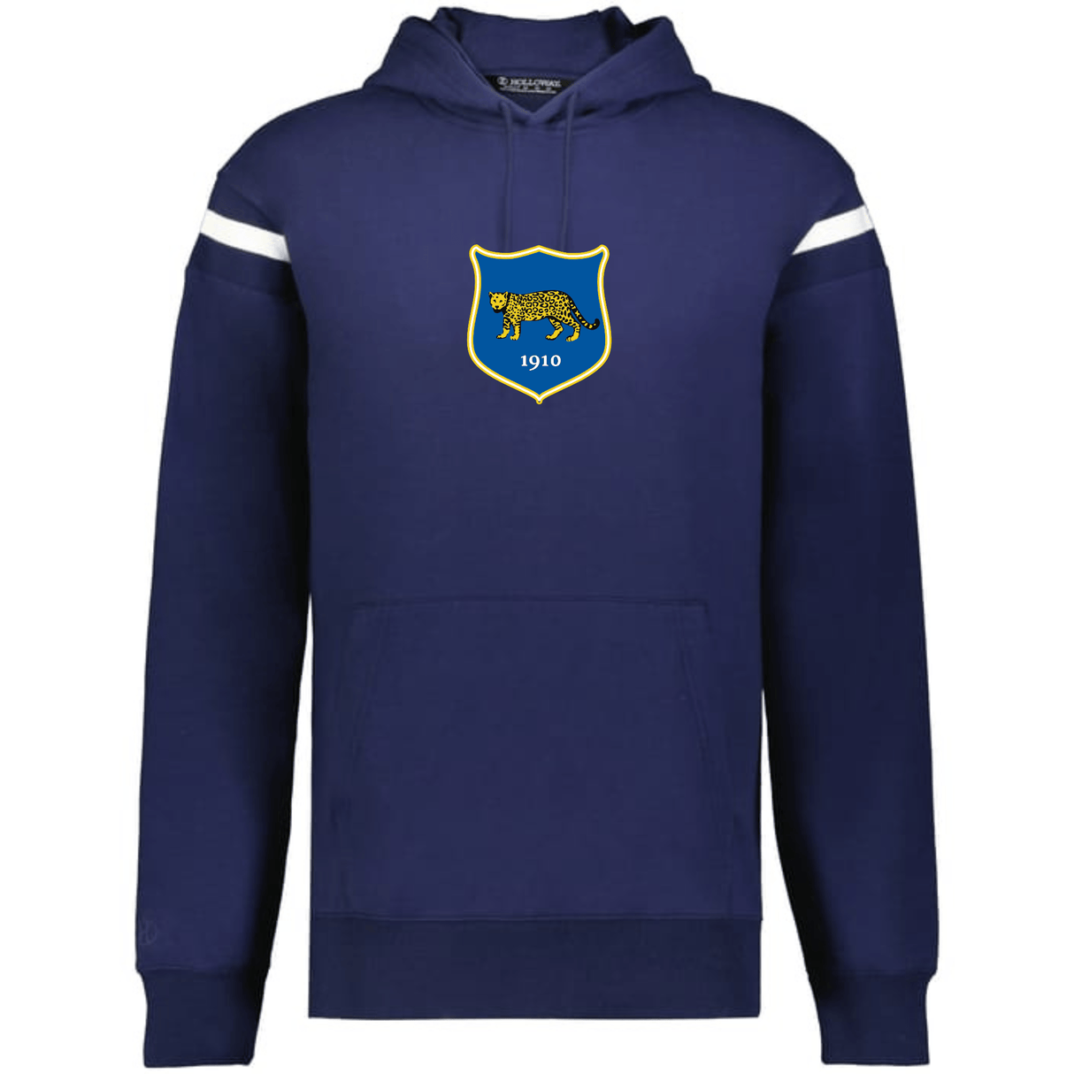 The WRS Augusta Argentina Heritage Prep Vintage Shield Hoodie features a navy blue design with white sleeve stripes and a vintage chest logo displaying a leopard and 1910, honoring Argentina’s heritage.
