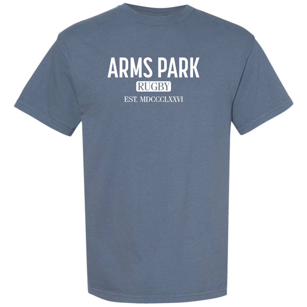 The WRS S&S Activewear Arms Park Stadium Tee showcases white "ARMS PARK RUGBY EST. MDCCCXLXXVI" text on the front, paying tribute to Cardiff Arms Park and Welsh rugby heritage.