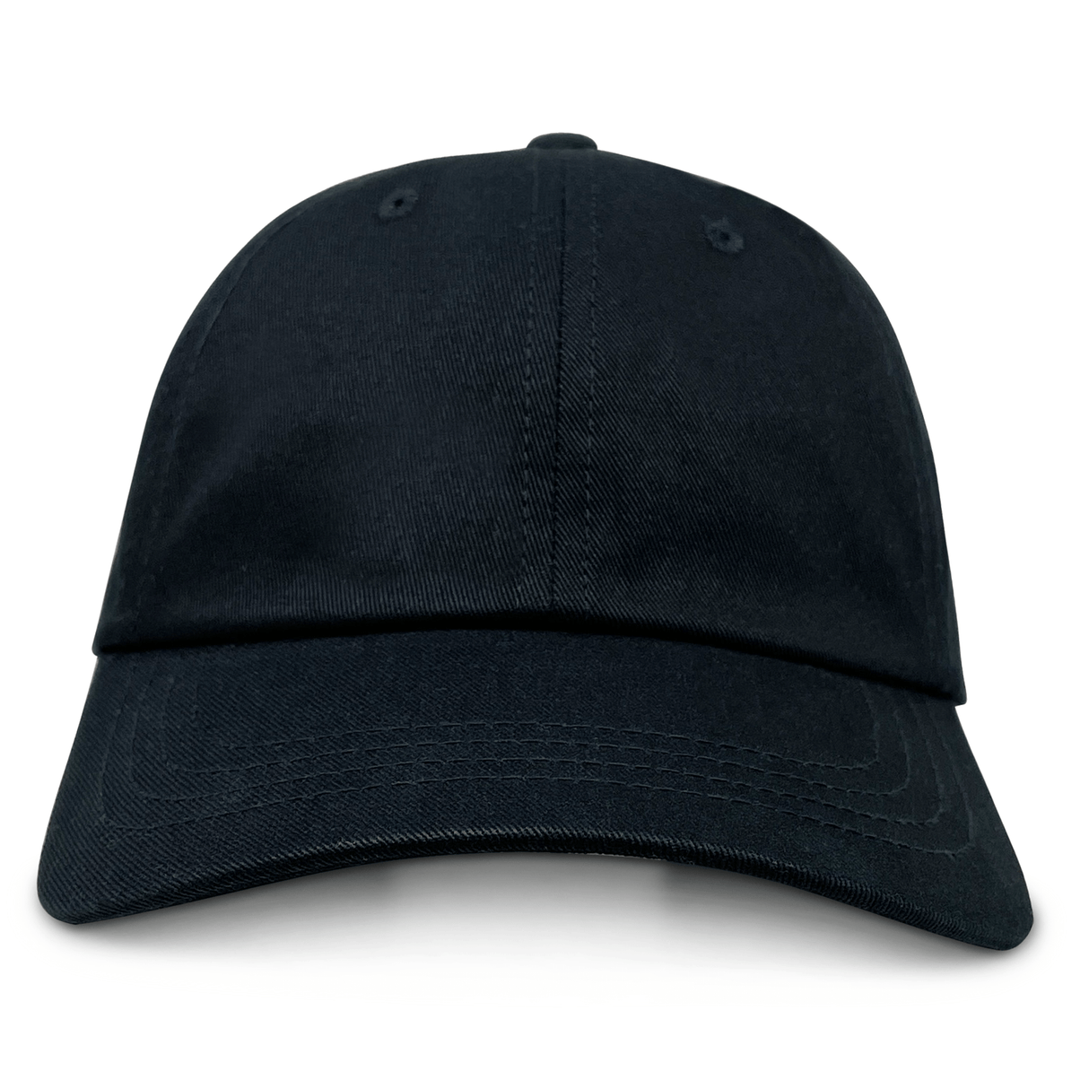The S&S Activewear Adult Low-Profile Cotton Twill Dad Cap is shown from the front against a white background, featuring plain black cotton twill fabric and a curved brim.