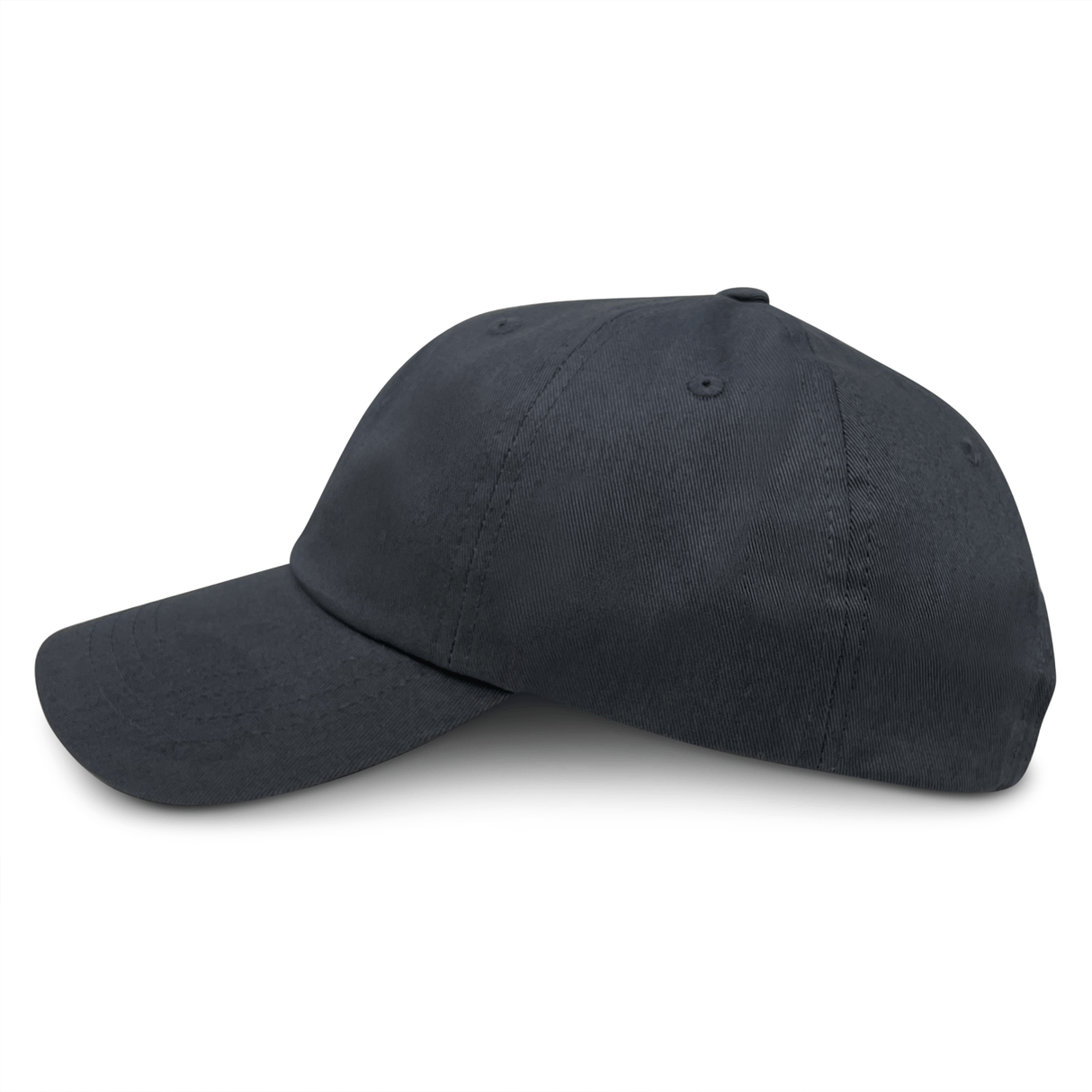 The S&S Activewear Adult Low-Profile Cotton Twill Dad Cap in classic black is made from soft cotton twill and is displayed from a side angle against a white background.