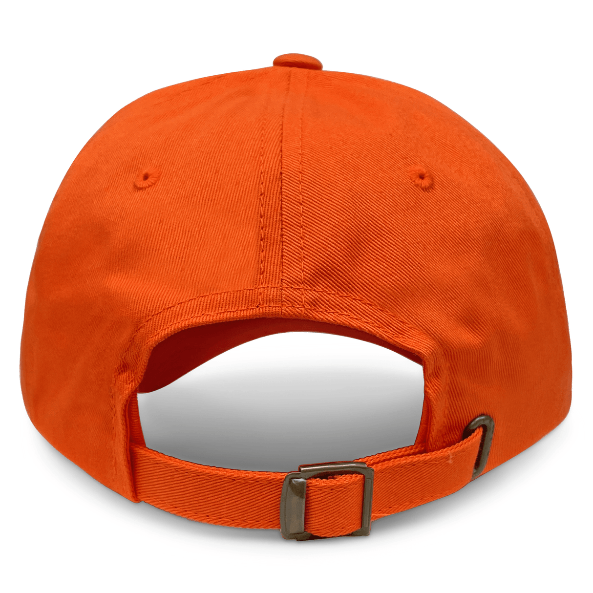 The back view of the S&S Activewear Adult Low-Profile Cotton Twill Dad Cap in orange shows an adjustable strap with a metal buckle.
