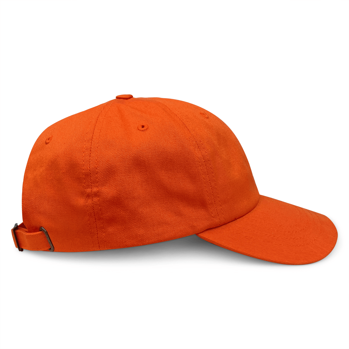 The S&S Activewear Adult Low-Profile Cotton Twill Dad Cap in orange features an embroidered design and a metal buckle on the adjustable strap, shown from the side against a white background.