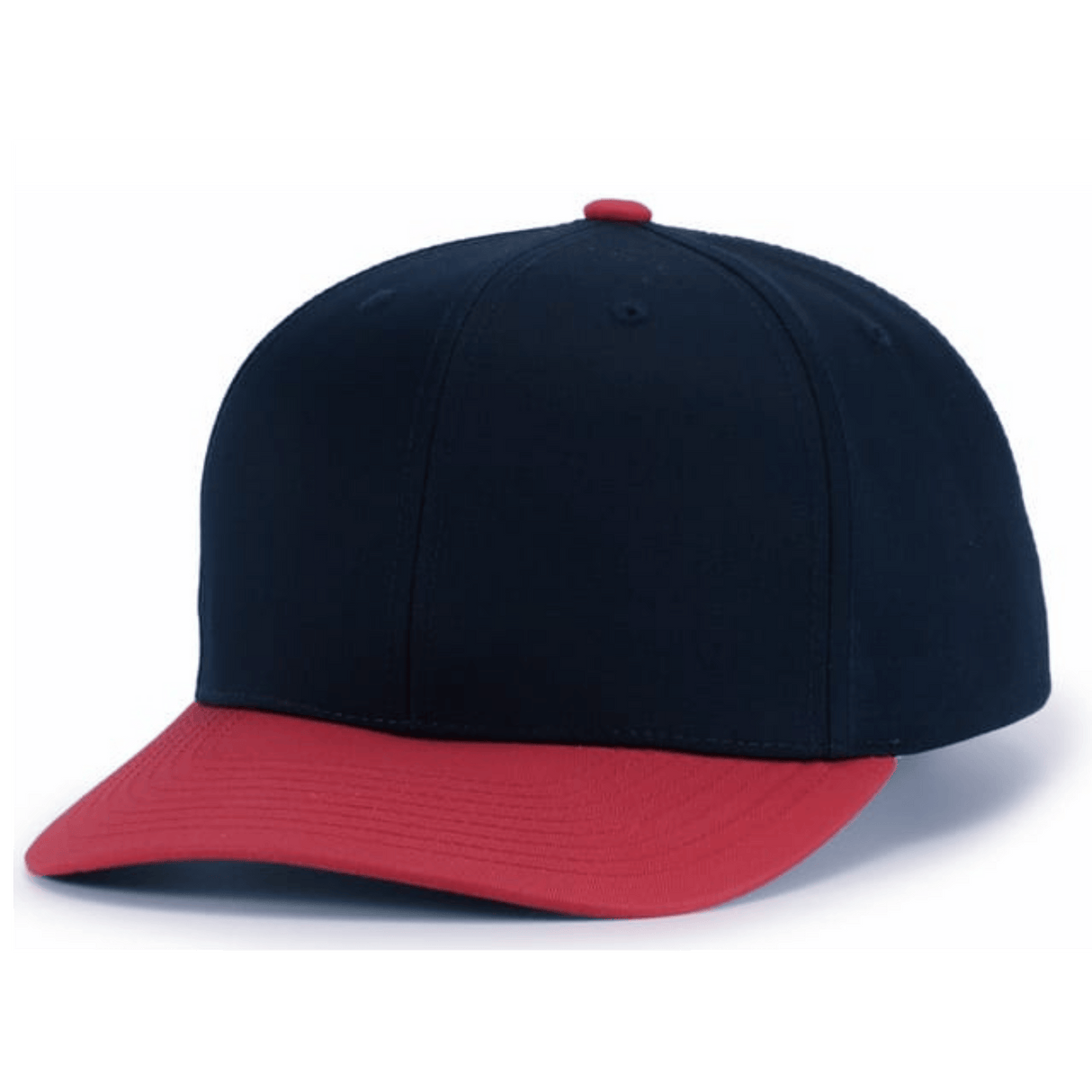 The Augusta Sportswear Poly/Cotton Snapback Cap features a black structured crown, red brim, and small red top button. Made from a durable poly/cotton blend and shown on a plain white background.
