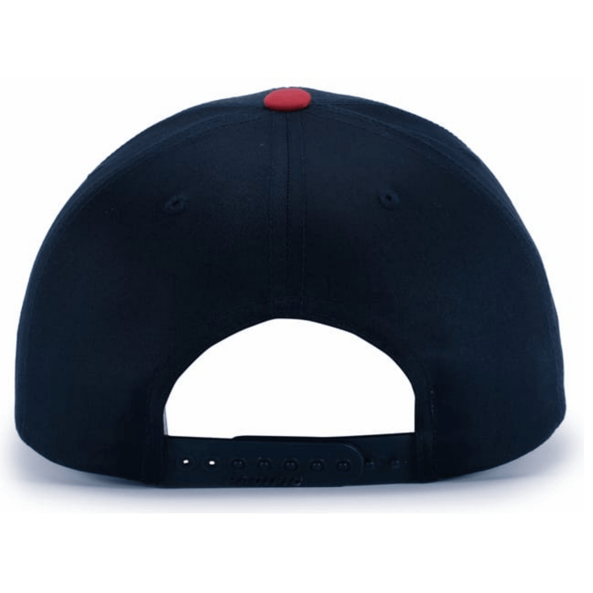 Back view of the Augusta Sportswear Poly/Cotton Snapback Cap in black, featuring an adjustable closure, structured crown, small red top button, and made from a durable poly/cotton blend.