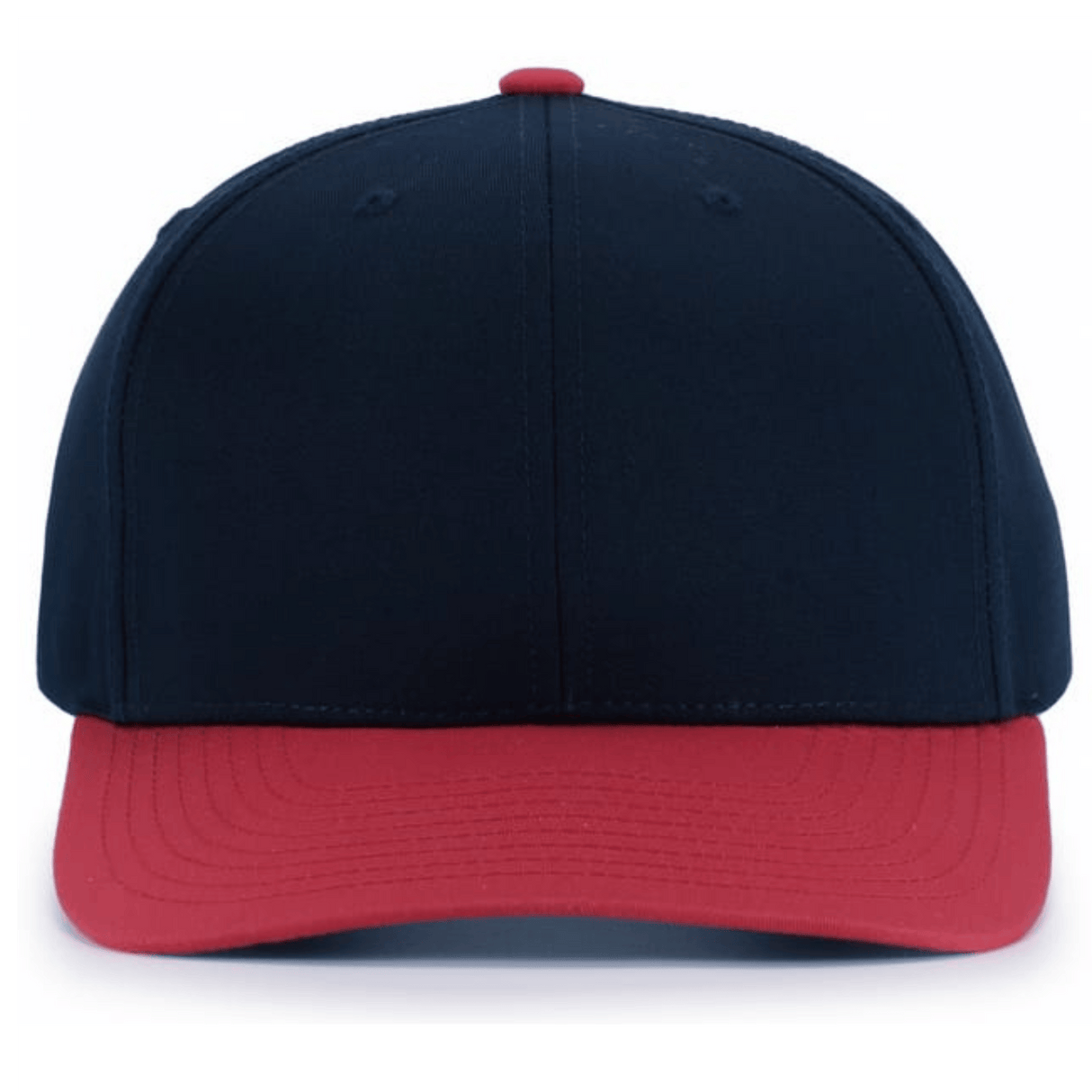 The Augusta Sportswear Poly/Cotton Snapback Cap features a navy blue structured crown and red brim, made from a durable poly/cotton blend, shown front-facing against a plain background.