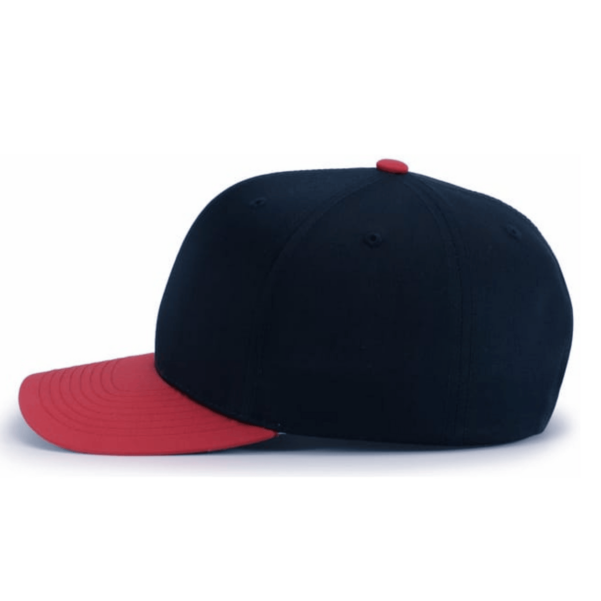 The Augusta Sportswear Poly/Cotton Snapback Cap features a structured black crown with a red brim and red button, shown in profile against a plain white background.