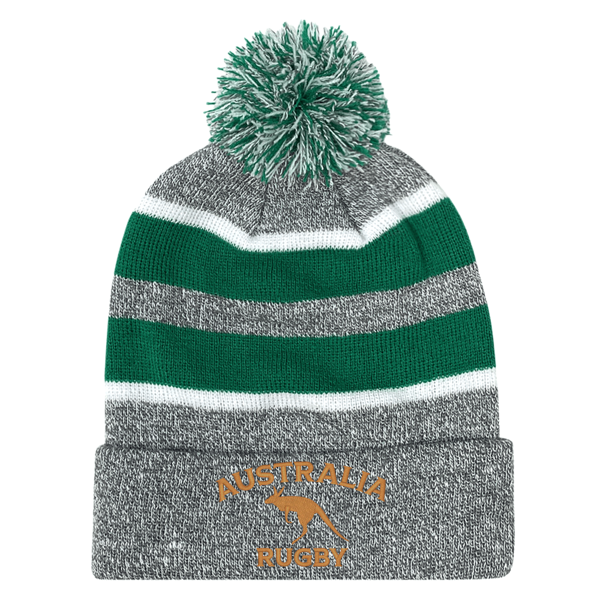 The EMB Augusta Nations of Rugby Australia Hooped Pom-Pom Beanie features gray and green knit, white stripes, a pom-pom, and "Australia Rugby" gold embroidery—perfect for any rugby supporter.