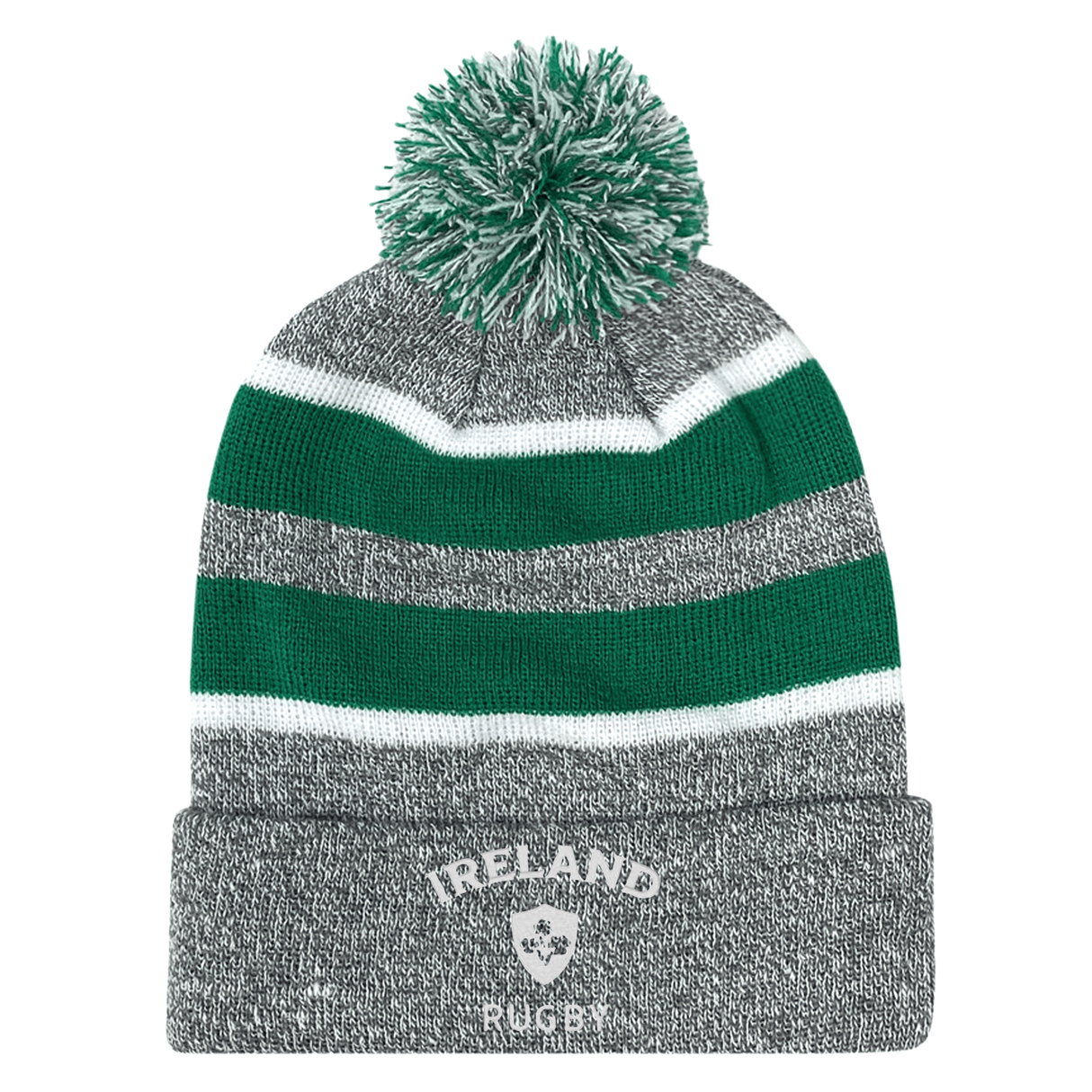 The EMB Augusta Nations of Rugby Ireland Hooped Pom-Pom Beanie features gray, green, and white hoops with "Ireland Rugby" text and logo on the front cuff—an ideal knit hat for any Ireland supporter.