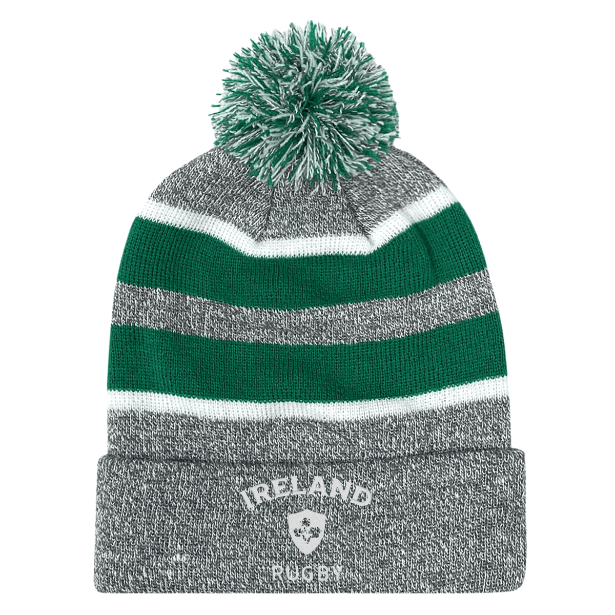 The EMB Augusta Nations of Rugby Ireland Hooped Pom-Pom Beanie features gray, green, and white hoops with "Ireland Rugby" text and logo on the front cuff—an ideal knit hat for any Ireland supporter.