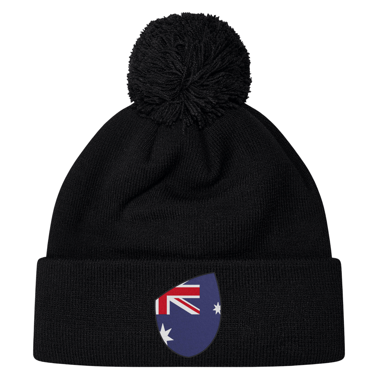 The EMB Canterbury Australia Shield Pom Pom Beanie showcases a black design with an Australia Shield patch on the cuff.