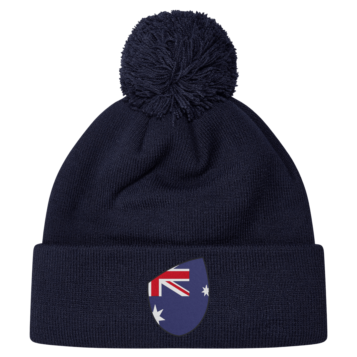 Navy blue pom-pom beanie featuring an Australia Shield emblem on the front by EMB Canterbury.