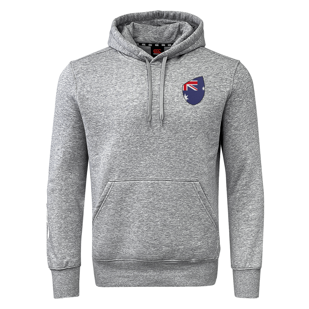 The EMB Canterbury Australia Shield Club Hoodie features a cozy design in premium gray sweatshirt fleece, complete with a front pocket, drawstring hood, sleeve branding, and a chest emblem of a flag with stars.