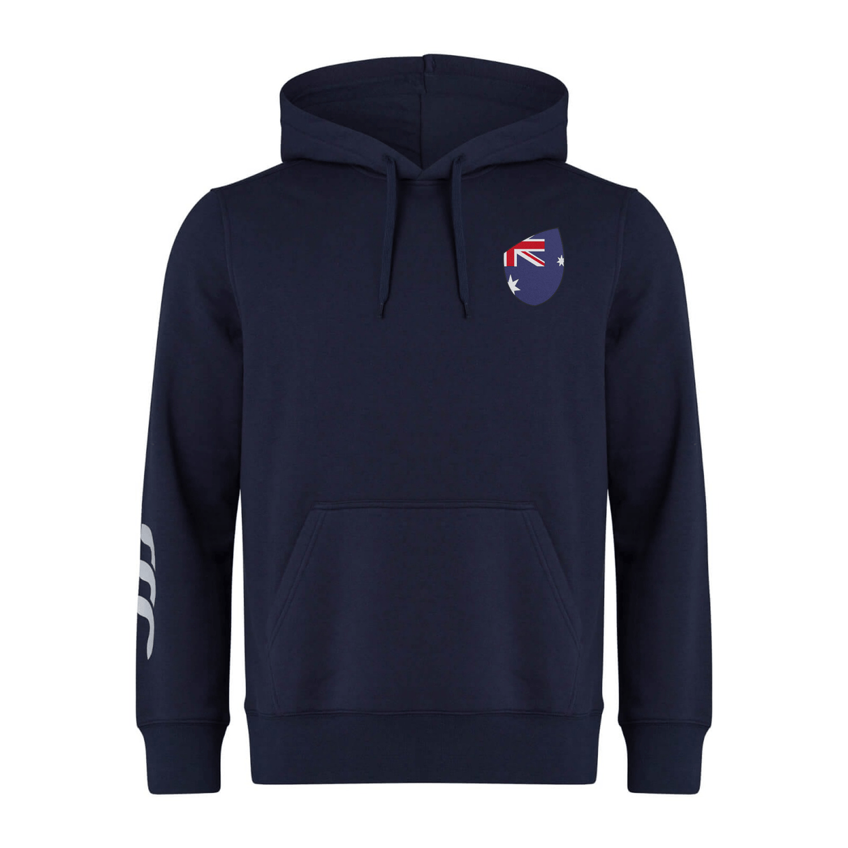 Meet the Australia Shield Club Hoodie from EMB Canterbury: a navy hoodie featuring a kangaroo emblem and Southern Cross stars on the chest. Made from top-quality sweatshirt fleece, it includes Canterbury sleeve branding, a front pocket, and a drawstring hood for unparalleled comfort and style.