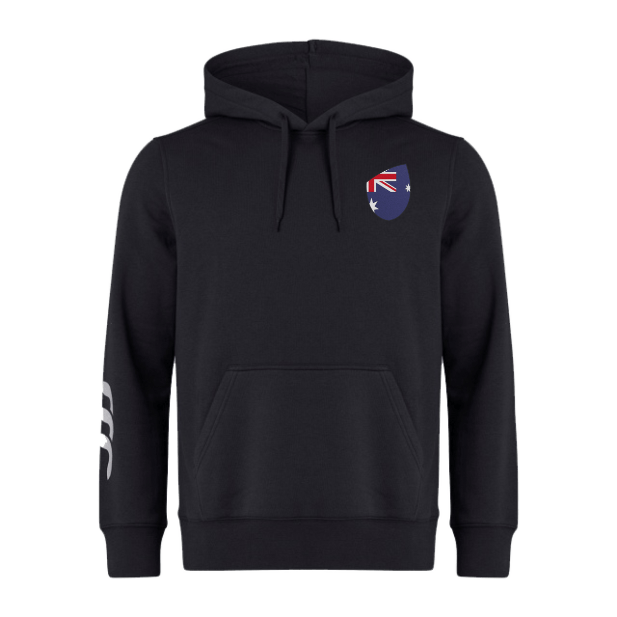 The Australia Shield Club Hoodie by EMB Canterbury is a black, premium fleece hoodie featuring an Australian flag patch on the left chest, white stripes on the right sleeve, and Canterbury branding. Ideal for showcasing national pride stylishly.