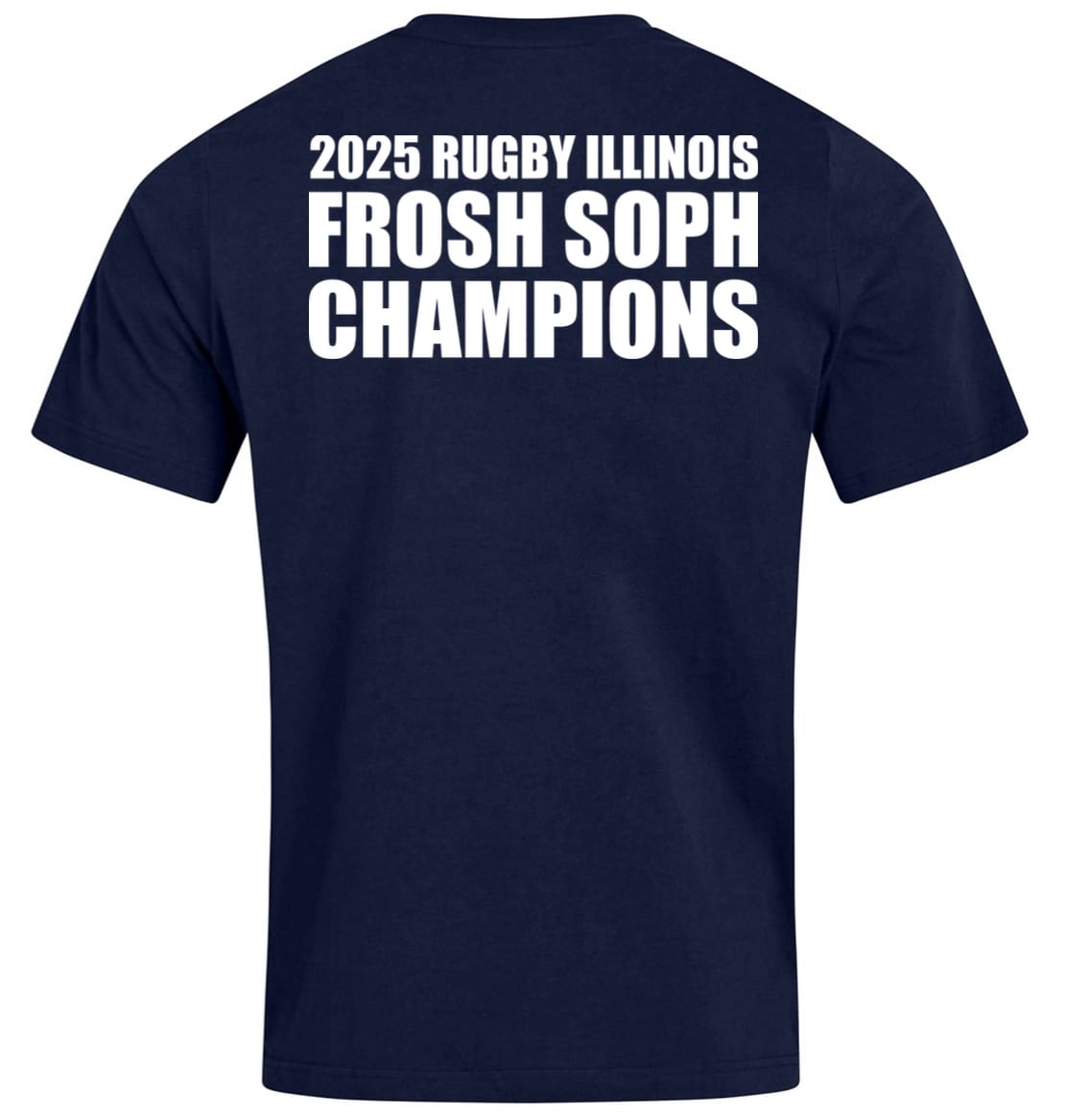 The WRS Canterbury Naperville Crusaders Frosh Soph Champions Club Plain Tee is a navy blue t-shirt with “2025 Naperville Crusaders Frosh Soph Champions” in white on the back—custom made for proud team members.