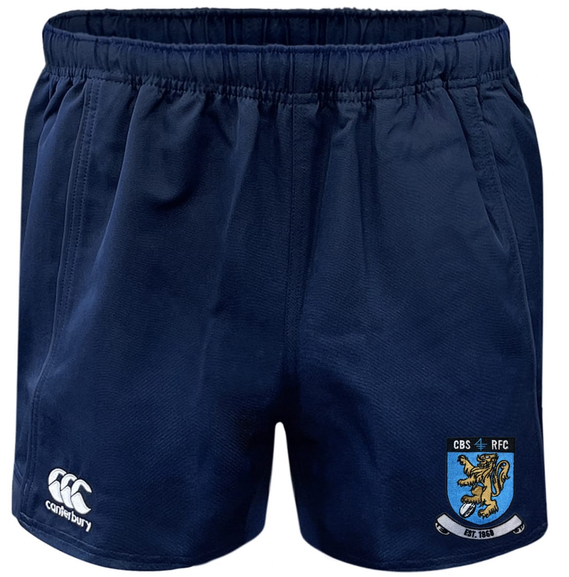The Columbia Business Advantage Rugby Shorts by EMB Canterbury feature an elastic waistband, moisture-wicking fabric, the Canterbury logo on the left leg, and a CBS RFC crest on the right—perfect for rugby.