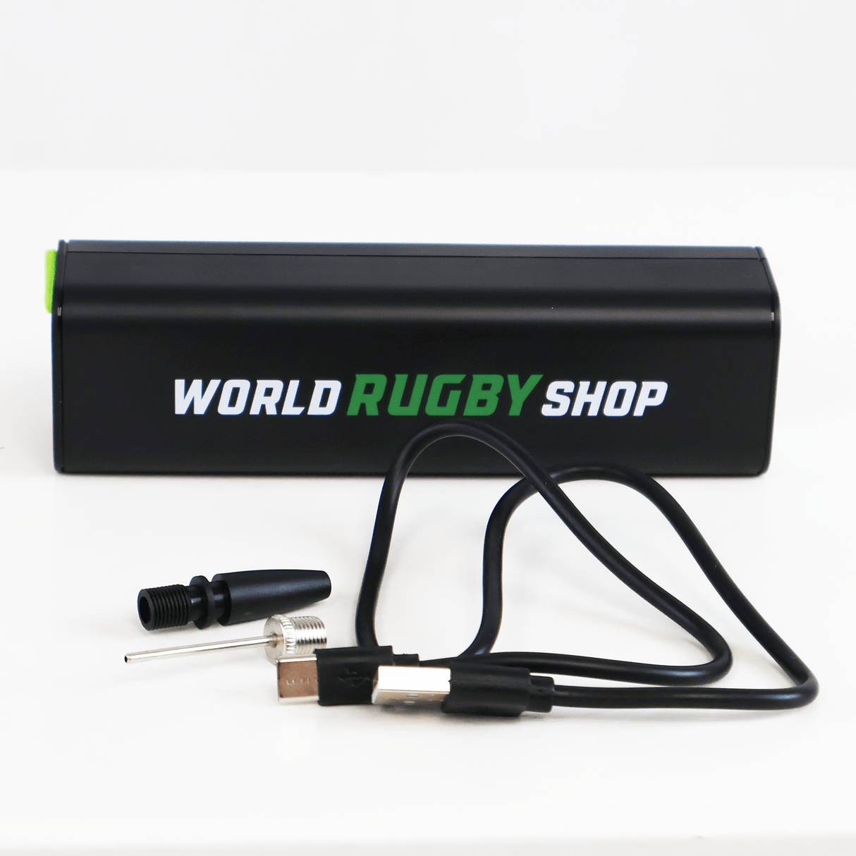 The Sectelli World Rugby Shop Electric Smart Ball Pump, a black rectangular device with a USB cable and two metal-plastic attachments, offers a portable design ideal for on-the-go use.