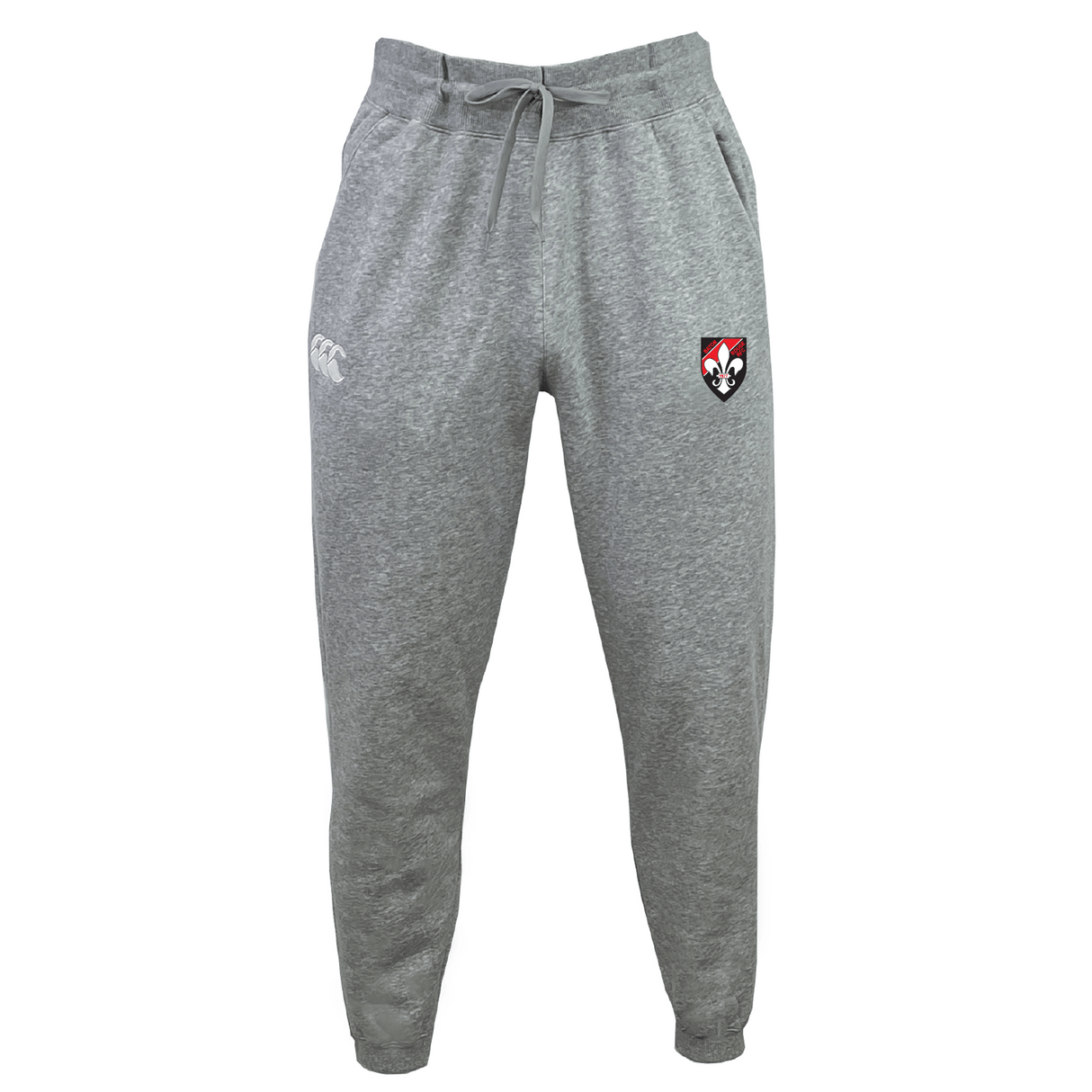 The Baton Rouge RFC Leisure Sweatpant by EMB Canterbury is made from recycled polyester, featuring an elastic waistband, a drawstring, and two embroidered logos on the front.