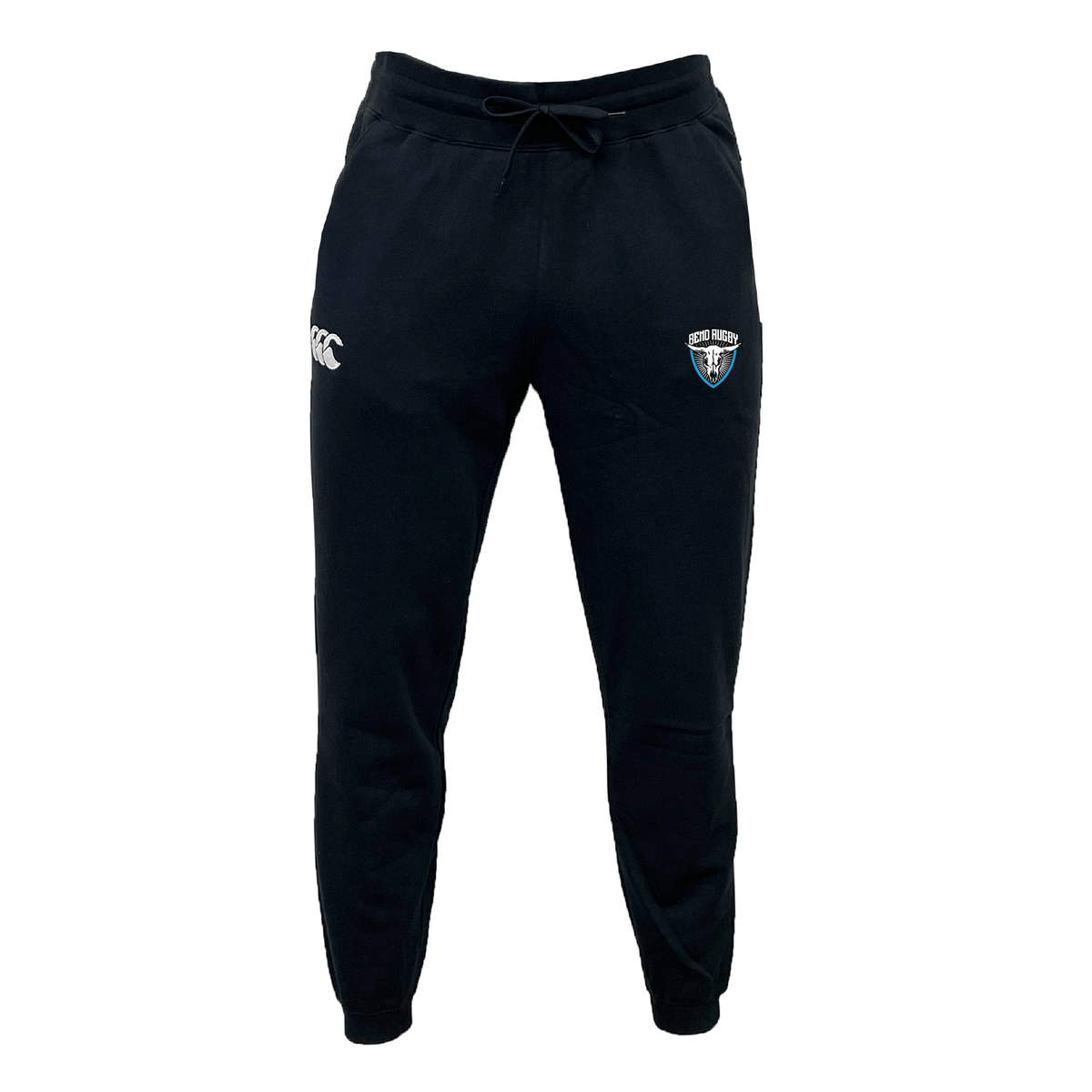 Made from organic cotton and recycled polyester, the Bend Rugby Leisure Sweatpant by EMB Canterbury showcases a stylish logo on the right leg and a sleek white emblem on the left, all in a classic black design.