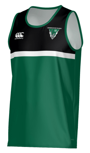 The Teamatical Birmingham Vulcans Canterbury Legacy Performance Singlet features a green body, black upper section, white horizontal stripe, and chest logos.