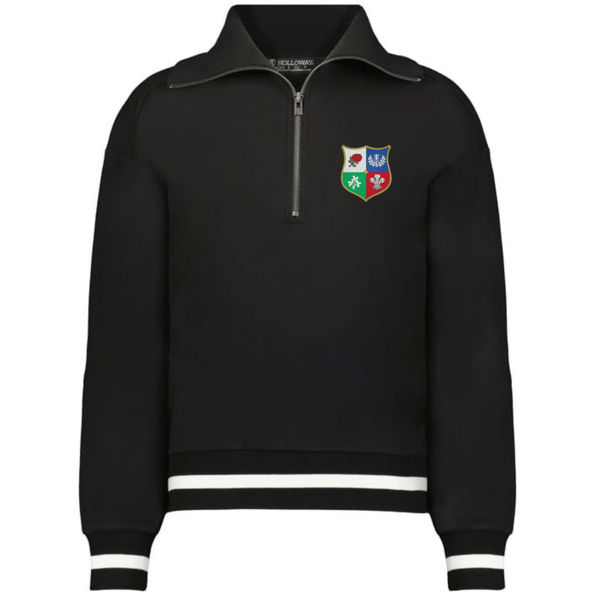 The EMB Augusta Women's Vintage British & Irish Lions Heritage Prep Pullover is a black half-zip with white striped cuffs and hem, featuring a multicolored shield crest on the left chest for classic vintage style.