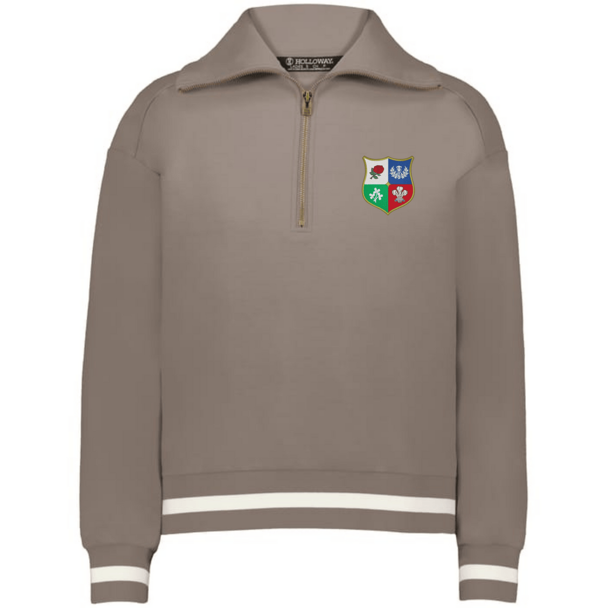 The EMB Augusta Women's Vintage British & Irish Lions Heritage Prep Pullover features a light brown quarter-zip design with white striped cuffs and hem and a multicolored shield crest on the chest, inspired by classic Lions tradition.
