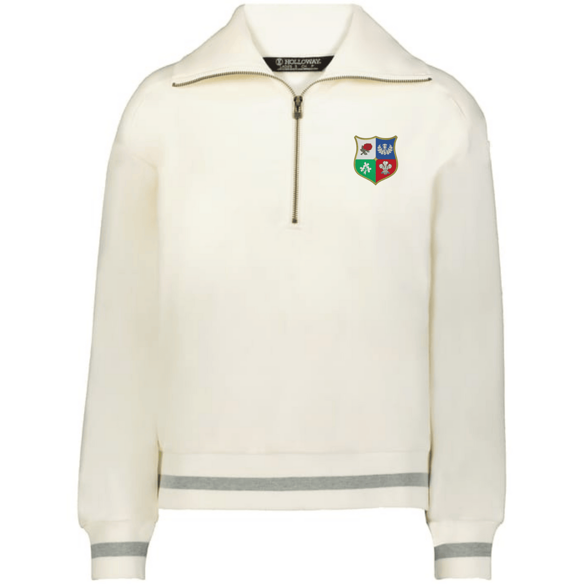 The EMB Augusta Women's Vintage British & Irish Lions Heritage Prep Pullover features a cream color, quarter-zip collar, grey stripe accents, and a four-color British & Irish Lions crest on the left chest.