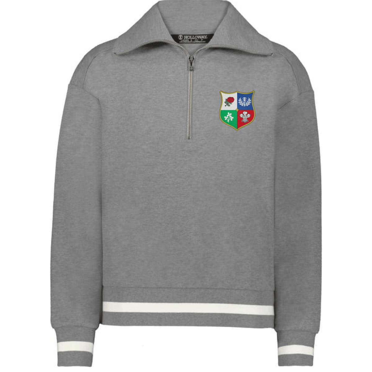 The EMB Augusta Women's Vintage British & Irish Lions Heritage Prep Pullover is a grey quarter-zip sweatshirt with white-striped cuffs and hem, plus a four-color Lions crest on the left chest.