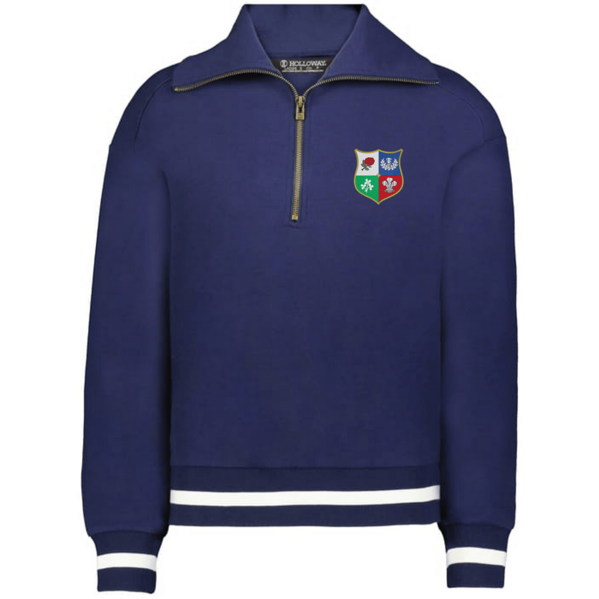 The EMB Augusta Women's Vintage British & Irish Lions Heritage Prep Pullover is a navy quarter-zip sweatshirt with white striped cuffs and hem, plus a multicolored chest crest inspired by classic Lions style.