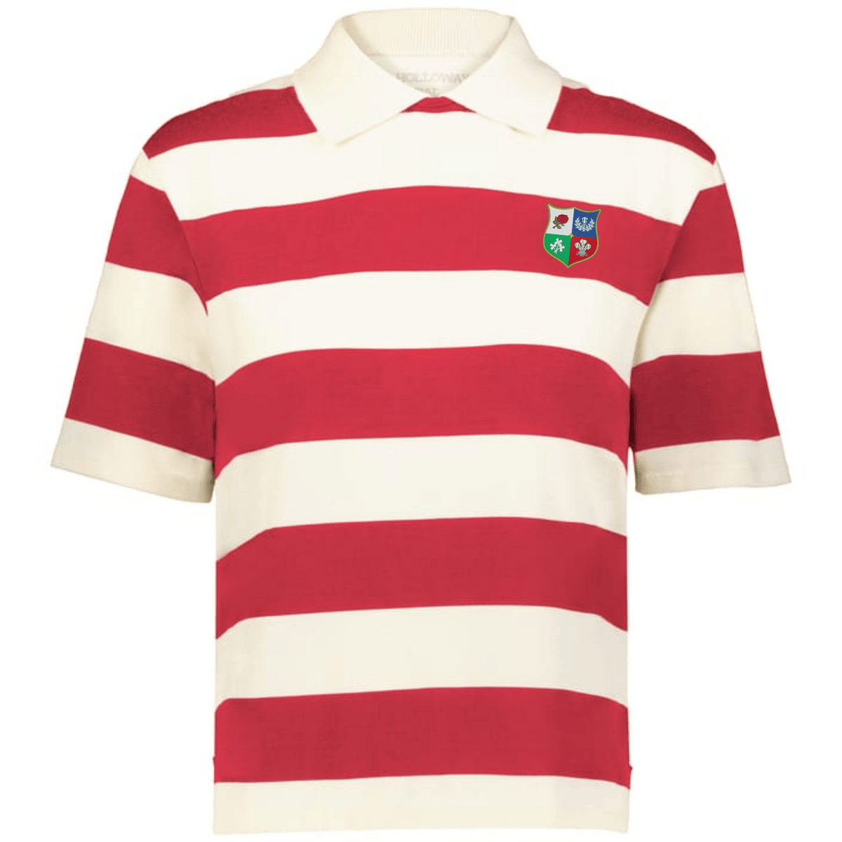 The EMB Augusta Women's Vintage British & Irish Lions Prep Street Rugby Crop features wide red and white stripes with a four-part crest on the left chest for authentic rugby style.