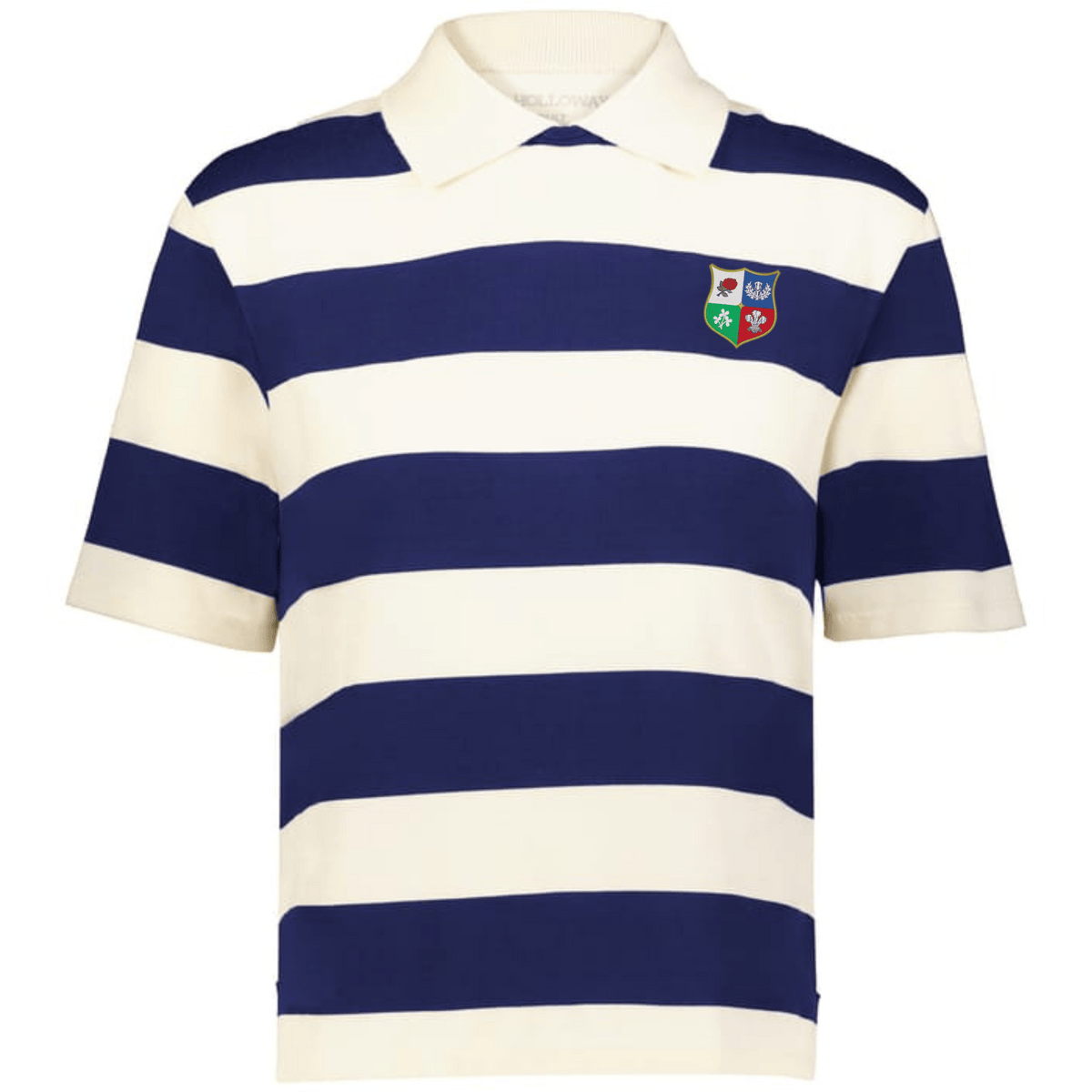 The EMB Augusta Women's Vintage British & Irish Lions Prep Street Rugby Crop features wide navy and white stripes, a multi-colored crest on the left chest, and a classic retro rugby crop style.