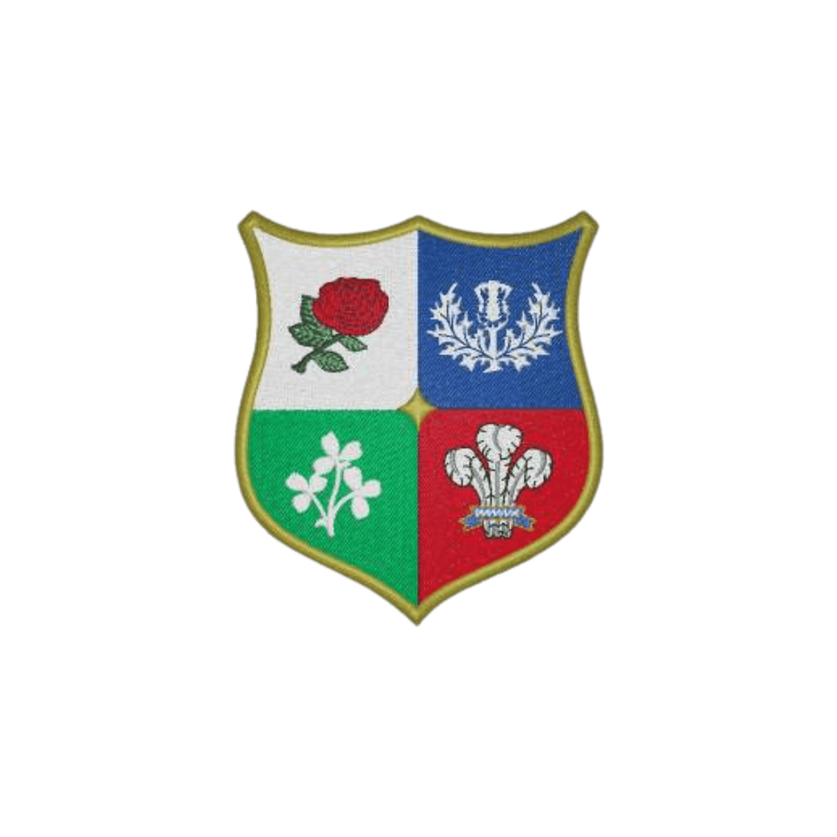 Embroidered patch featuring the four national flowers of the United Kingdom, with a rose, thistle, daffodil, and shamrock on a shield shape, reminiscent of a vintage Nations of Rugby British & Irish Lions Vintage Hooped Classic Jersey by EMB Mudoo.