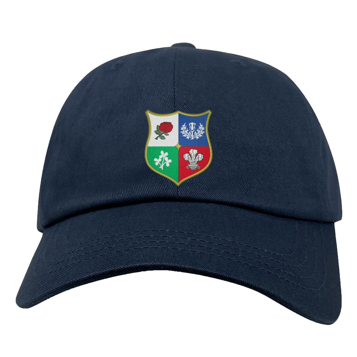The Nations of Rugby British & Irish Lions Vintage Dad Cap by EMB S&S Activewear is a navy blue cap featuring a four-quadrant shield emblem on the front, inspired by classic Rugby Nation style.