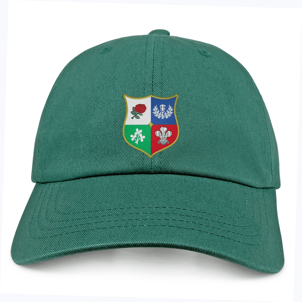 The EMB S&S Activewear Nations of Rugby British & Irish Lions Vintage Dad Cap is a green hat with a four-sectioned shield featuring floral emblems and a fleur-de-lis on the front, inspired by Rugby Nation style.