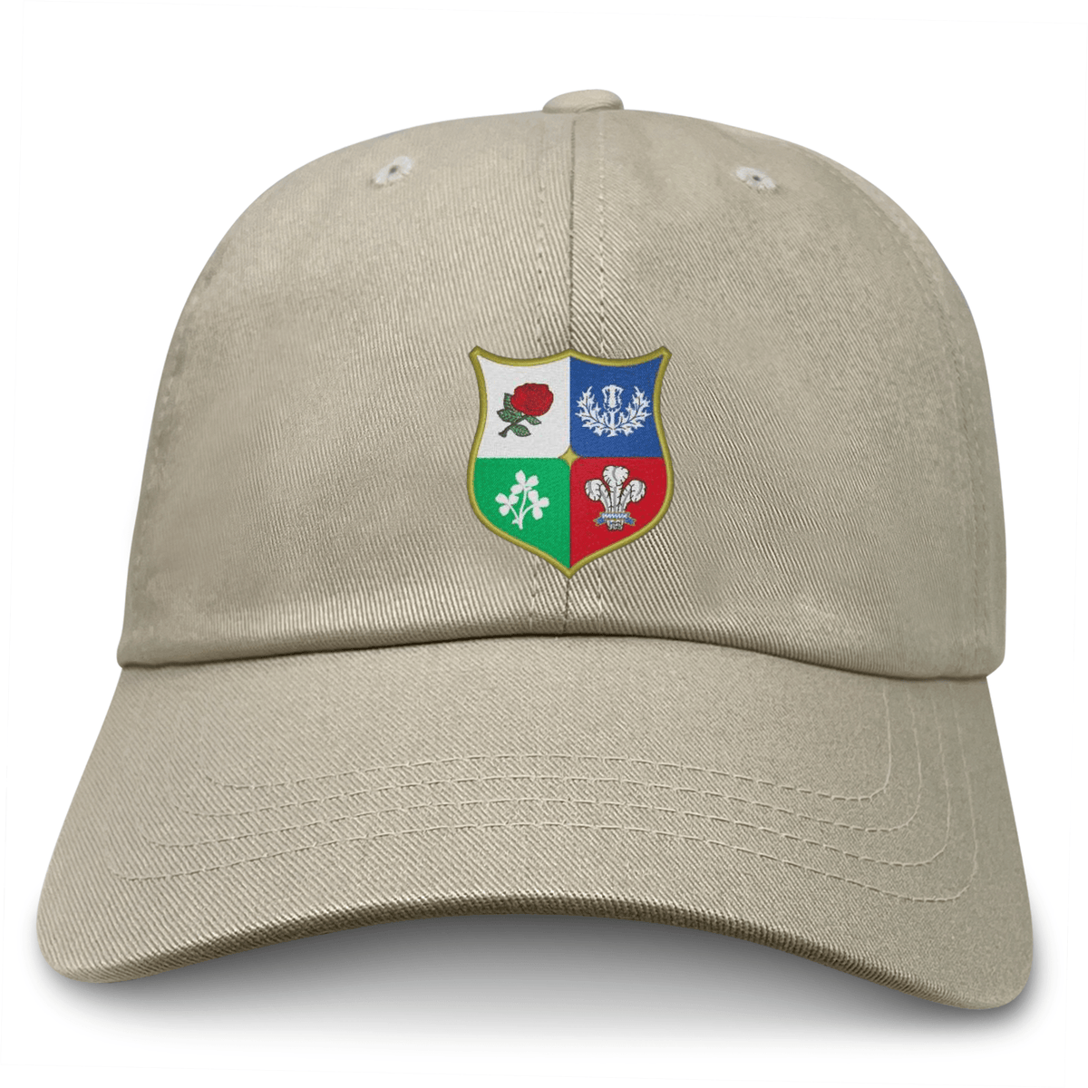 The Nations of Rugby British & Irish Lions Vintage Dad Cap by EMB S&S Activewear features a beige design with a four-section shield, each section displaying a red, blue, green, or white floral emblem inspired by Rugby Nation style and British & Irish Lions heritage.