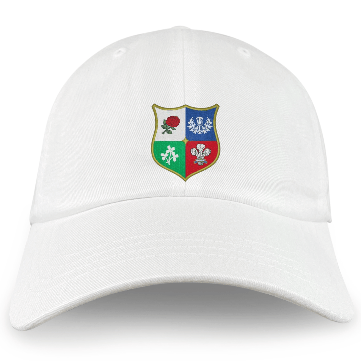 The EMB S&S Activewear Nations of Rugby British & Irish Lions Vintage Dad Cap features a white base and a four-section shield emblem with floral and leaf designs in red, green, blue, and red backgrounds.