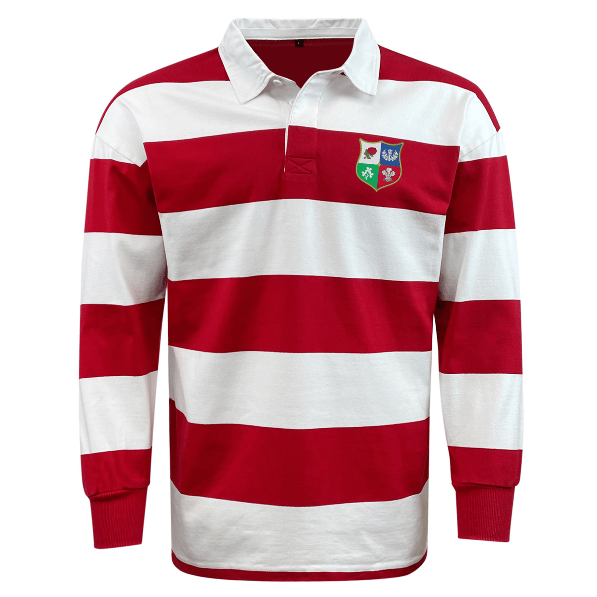 Long-sleeve Nations of Rugby British & Irish Lions Vintage Hooped Classic Jersey with red and white horizontal stripes and an emblem on the left chest by EMB Mudoo.