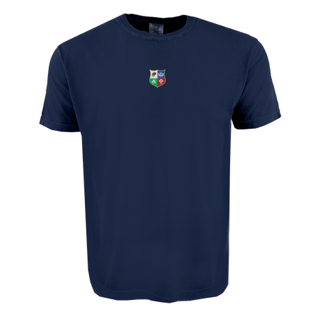 The British & Irish Lions Vintage Comfort Tee by EMB S&S Activewear features a navy blue design with a small, multicolored embroidered crest of four symbols on the chest—ideal for rugby enthusiasts.