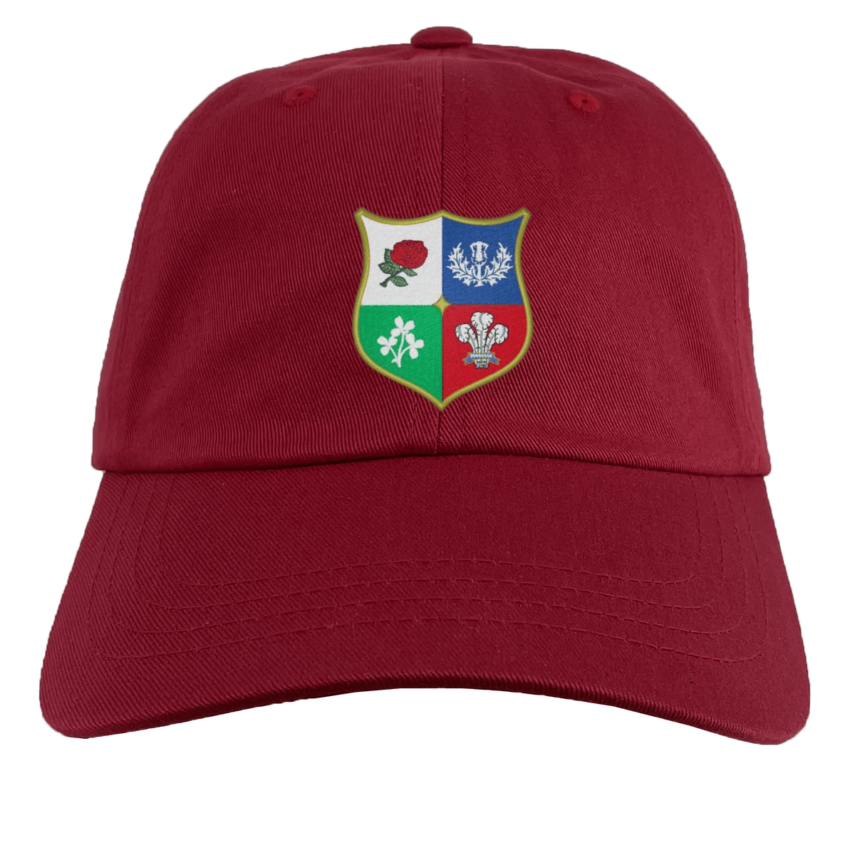 The EMB S&S Activewear Nations of Rugby British & Irish Lions Vintage Dad Cap is a maroon hat with a multicolored shield emblem featuring four unique symbols on the front, inspired by rugby heritage.