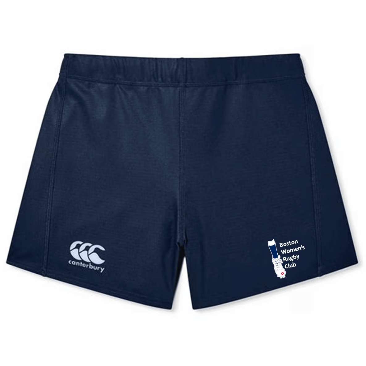 The Boston Women's RFC by EMB Canterbury Yokohama shorts in navy feature the logo on the left, "Boston Women's Rugby Club" with a rugby ball on the right, and are made with Vapodri Fabric for enhanced comfort.