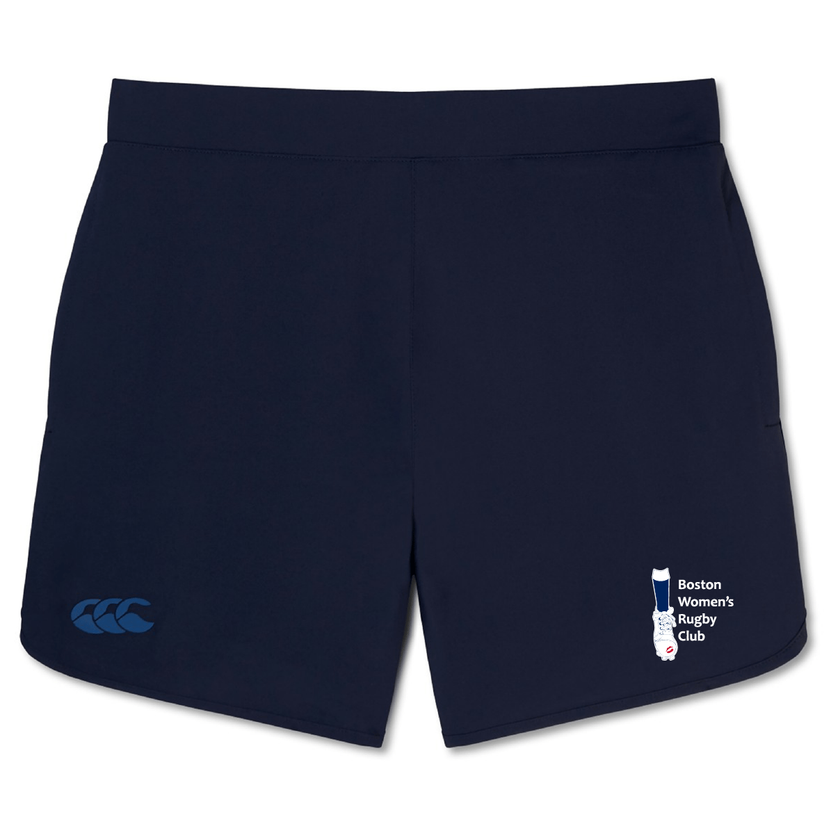 The Boston Women's RFC Women's Elite Woven Shorts by EMB Canterbury are navy blue with the club logo and Canterbury branding on the front, making them a stylish and functional gym essential for serious athletes. Perfect for training.