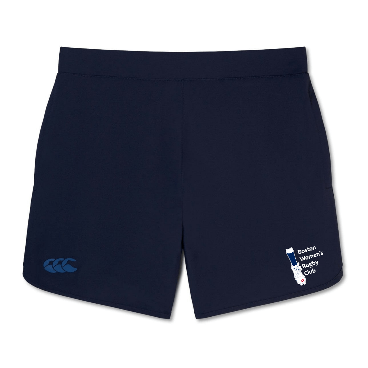 The EMB Canterbury Boston Women's RFC Elite Woven Shorts in navy blue, featuring "Boston Women's Rugby Club" and a logo on the right leg with a vertical blue shape and white outline, are perfect for enhancing your training experience.